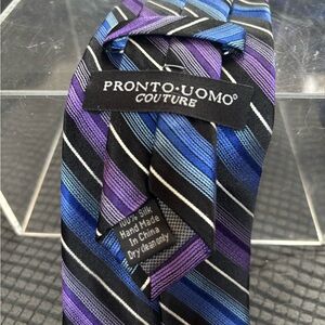 Pronto Uomo Couture Silk Tie - Black, Blue, Purple Stripes